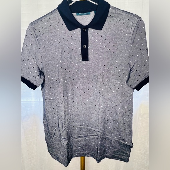 Short-Sleeved Polo Shirt by Perry Ellis, Gray/Dark Blue/White Geo Pattern, Sz S - Picture 2 of 5